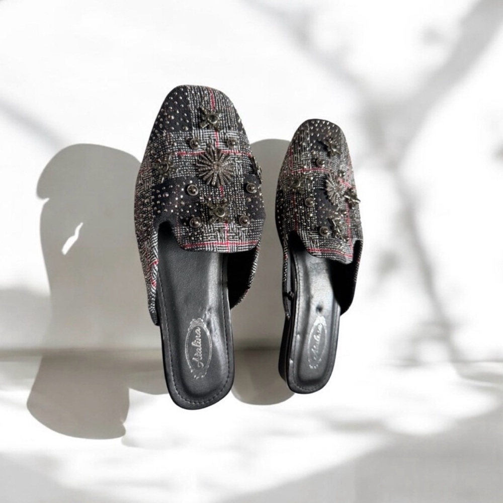 Atalina Black Plaid Embellished Slip-On Mules Size 7.5 New Without Box and Tags